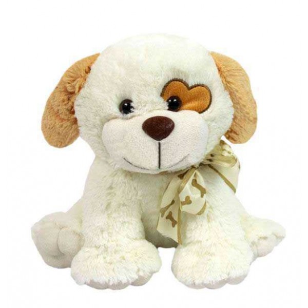 Cream 15 Inch Sitting Dog Soft Toy with Heart Patch Eyes